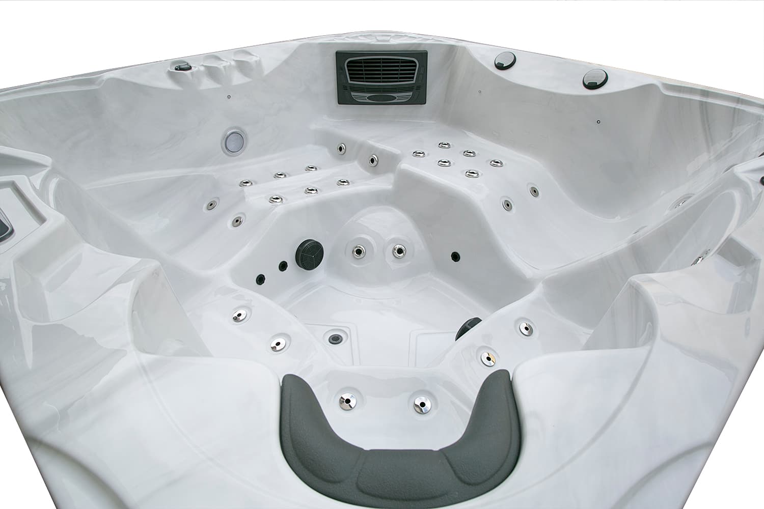 Inside the Milford spa: white contoured seats lined with jets